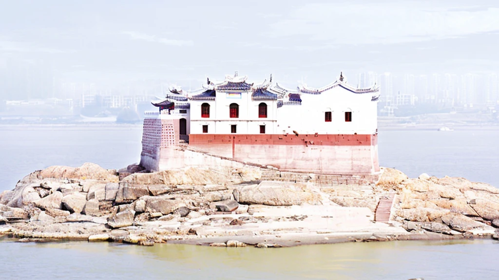 There is a small white building on the rocks in the water, History background, Guangjian, Hubei Provincial Cultural Relics Protection Unit, A huge floating castle, keep, Ezhou Guanyin Pavilion, Many years have passed,  An ancient, an island, Realistic style, The end of an era
