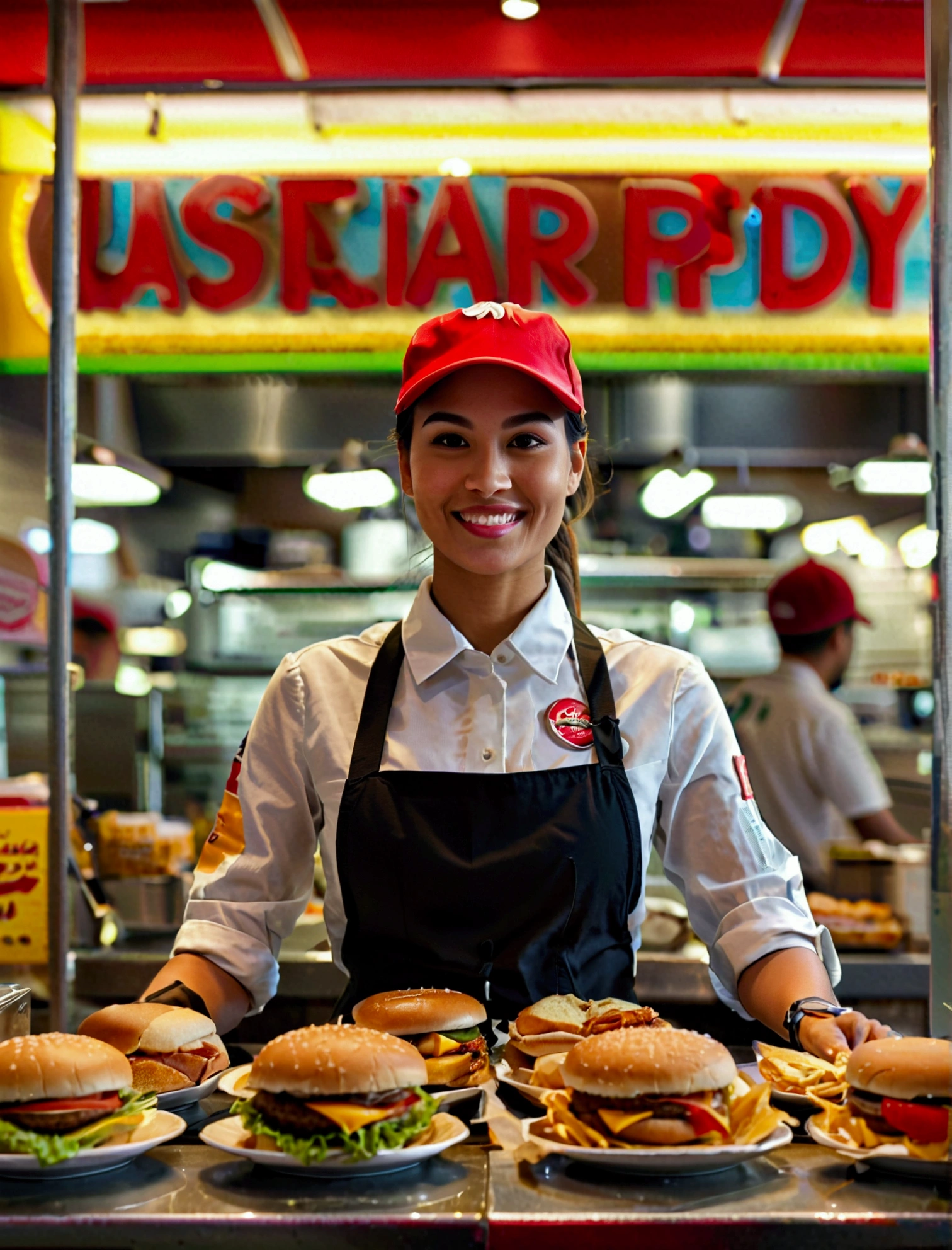 Aphotorealistic, ultra-detailed representation of a dedicated fast food worker serving customers behind the counter in an upper body shot. The individual, showcasing a genuine smile, is skillfully multitasking, handling various orders with precision and attention to detail. Their uniform, emblazoned with the familiar logos of the fast food chain, is worn neatly, and their hands move with dexterity as they assemble meals. The background is a blur of movement, customers lining up to place their orders. The scene is brightly lit, highlighting the worker's focused expression and the intricate mechanisms of the fast food assembly line. The image is shot in 8K UHD,