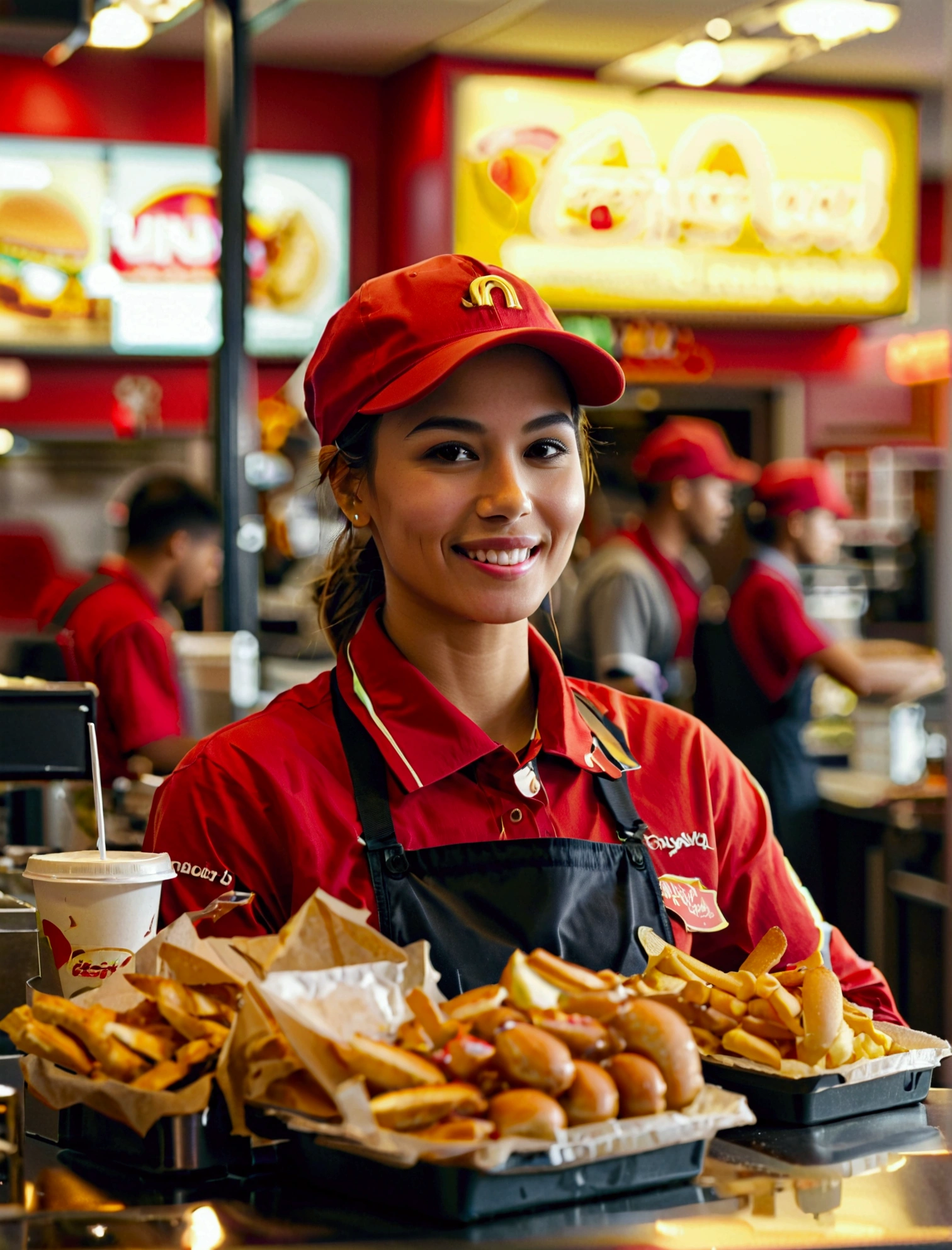 Aphotorealistic, ultra-detailed representation of a dedicated fast food worker serving customers behind the counter in an upper body shot. The individual, showcasing a genuine smile, is skillfully multitasking, handling various orders with precision and attention to detail. Their uniform, emblazoned with the familiar logos of the fast food chain, is worn neatly, and their hands move with dexterity as they assemble meals. The background is a blur of movement, customers lining up to place their orders. The scene is brightly lit, highlighting the worker's focused expression and the intricate mechanisms of the fast food assembly line. The image is shot in 8K UHD,