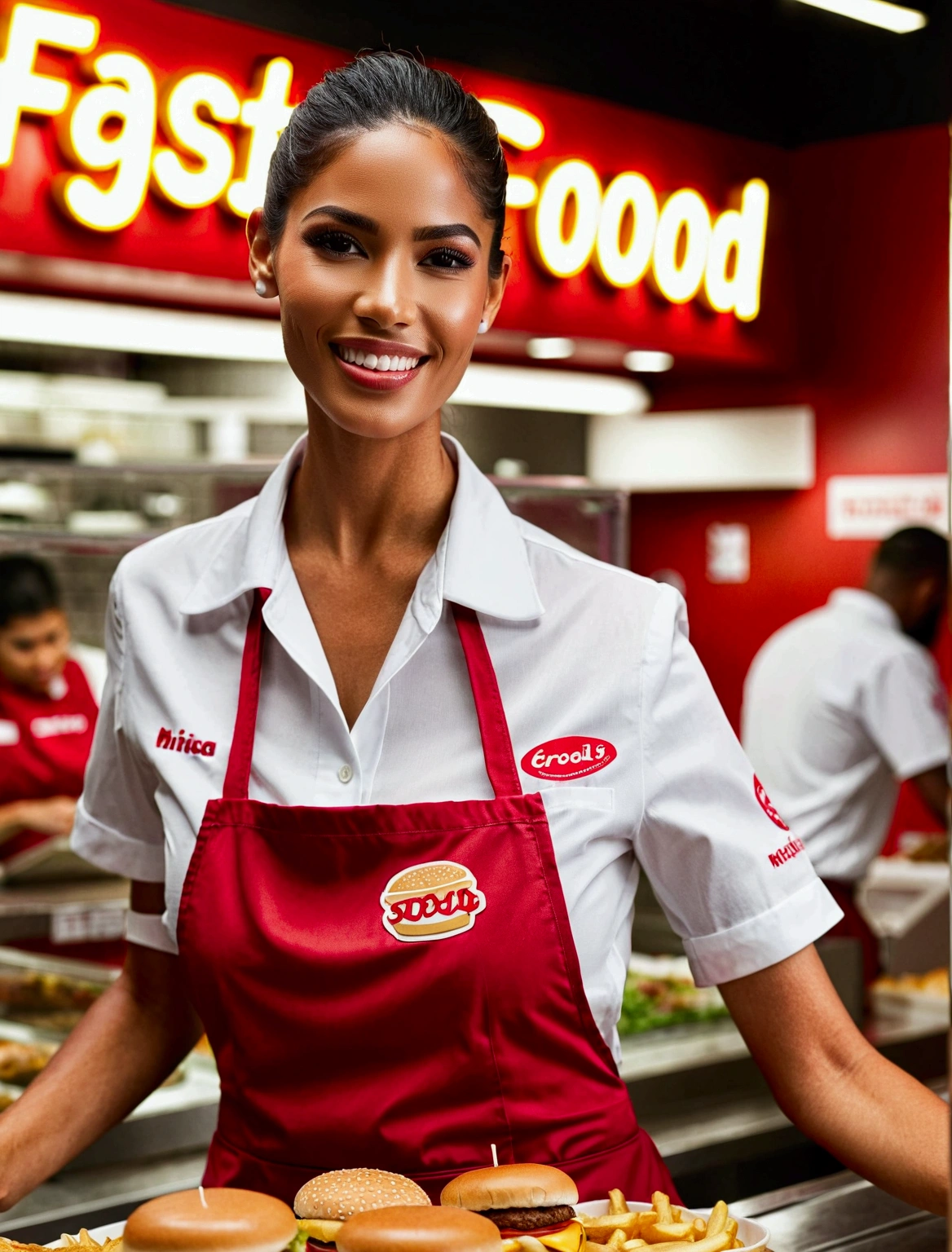 Aphotorealistic, ultra-detailed representation of a dedicated fast food worker serving customers behind the counter in an upper body shot. The individual, showcasing a genuine smile, is skillfully multitasking, handling various orders with precision and attention to detail. Their uniform, emblazoned with the familiar logos of the fast food chain, is worn neatly, and their hands move with dexterity as they assemble meals. The background is a blur of movement, customers lining up to place their orders. The scene is brightly lit, highlighting the worker's focused expression and the intricate mechanisms of the fast food assembly line. The image is shot in 8K UHD,