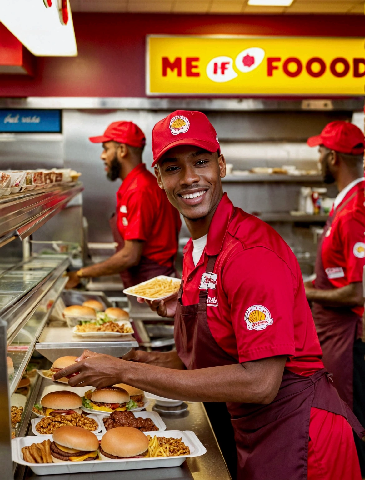 Aphotorealistic, ultra-detailed representation of a dedicated fast food worker serving customers behind the counter in an upper body shot. The individual, showcasing a genuine smile, is skillfully multitasking, handling various orders with precision and attention to detail. Their uniform, emblazoned with the familiar logos of the fast food chain, is worn neatly, and their hands move with dexterity as they assemble meals. The background is a blur of movement, customers lining up to place their orders. The scene is brightly lit, highlighting the worker's focused expression and the intricate mechanisms of the fast food assembly line. The image is shot in 8K UHD,