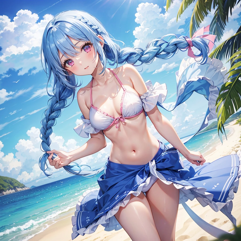 (Sky blue medium hair),(Braided hair tied together)、Pink eyes、Fair skin、(whole body)、(One Girl)、bikini、Shining white sand beach in midsummer、Okinawa&#39;s ocean、A happy smile、、(masterpiece、Highest quality、Very detailed、Best Shadow)、(Detailed Background)、(Beautifully detailed face)、High contrast、(Best lighting、Very delicate and beautiful)、((Cinematic Light))、colorful、Hyper Detail、Dramatic Light、Exquisite detail、Standing with your legs apart