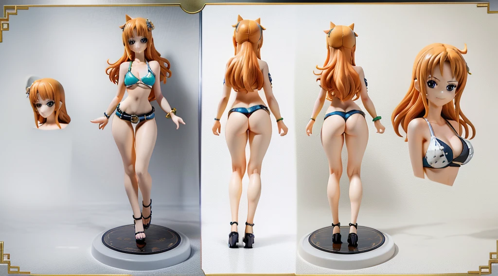 ((Best Quality)), ((Masterpiece)), (((detailed character sheet, frontal view, side view, three quarter view))) white background、one piece、whole body、whole bodyイラスト、whole bodyアニメーション、whole bodyリファレンスシート、denim、Tank top、High heels、Swimwear、bikini、original、New World、Long Hair、Orange Hair、Tattoo on left arm、Ring belt、Heighten your head、smile、Cute face、Narrow waist、Long legs、Beautiful feet、9 heads body、beautiful lady、small head、3D、portrait
