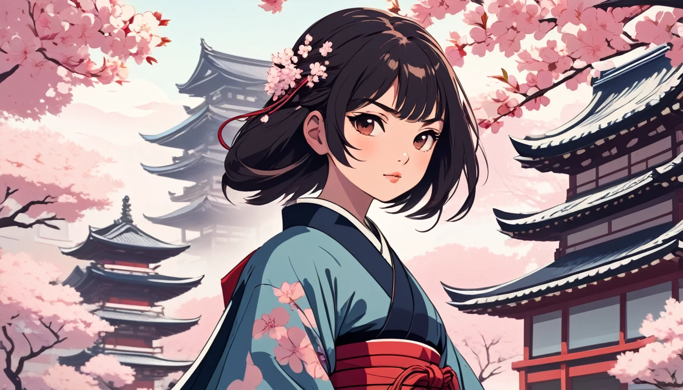 Female samurai,knife,Background is cherry blossoms and a Japanese temple、 Wide-angle lens, Lofi Anime, Lofi illustration, Aesthetic atmosphere, Lo-Fi Style, Vector art, Flat Design, Simple shape, Warm tones, Pleasant atmosphere, Chill, In anime style, Digital drawing, Vector art, Vector logo for t-shirt printing, (Adorable:1.5), (small:1.4), (Playful:1.2), (soft:1.3), (Whimsical:1.1), masterpiece, Highest quality, 8K, Intricate details, grow, Celestial, Mysterious, Picturesque, amazing, Majestic, Magic, Fantasy art, Cover art, dream-like