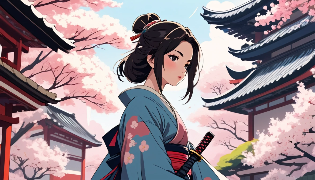 Female samurai,knife,Background is cherry blossoms and a Japanese temple、 Wide-angle lens, Lofi Anime, Lofi illustration, Aesthetic atmosphere, Lo-Fi Style, Vector art, Flat Design, Simple shape, Warm tones, Pleasant atmosphere, Chill, In anime style, Digital drawing, Vector art, Vector logo for t-shirt printing, (Adorable:1.5), (small:1.4), (Playful:1.2), (soft:1.3), (Whimsical:1.1), masterpiece, Highest quality, 8K, Intricate details, grow, Celestial, Mysterious, Picturesque, amazing, Majestic, Magic, Fantasy art, Cover art, dream-like