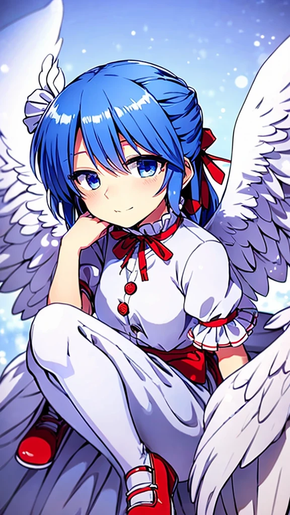 (best quality,4k,8k,highres,masterpiece:1.2), ultra-detailed, highly detailed texture, intricate details, A cute teenage angel with blue eyes, drawn in anime style, 1girl, , , 10 years old, medium blue hair, hair flaps, pink ribbon on head, well-formed face, blue eyes, angel girl, white blouse, puffy short sleeves, red ribbon, angel wings, long white skirt, red shoes, frills, ribbon head, A pair of angel wings on the back