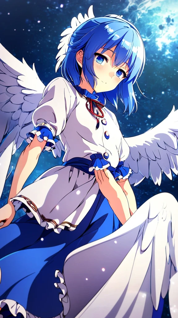 (best quality,4k,8k,highres,masterpiece:1.2), ultra-detailed, highly detailed texture, intricate details, A cute teenage angel with blue eyes, drawn in anime style, 1girl, , , , medium blue hair, hair flaps, pink ribbon on head, well-formed face, blue eyes, angel girl, white blouse, puffy short sleeves, red ribbon, angel wings, long white skirt, red shoes, frills, ribbon head, A pair of angel wings on the back