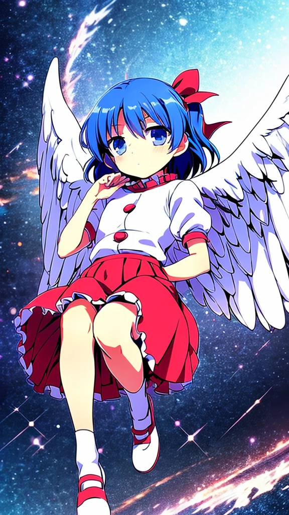 (best quality,4k,8k,highres,masterpiece:1.2), ultra-detailed, highly detailed texture, intricate details, A cute teenage angel with blue eyes, drawn in anime style, 1girl, , , 10 years old, medium blue hair, hair flaps, pink ribbon on head, well-formed face, blue eyes, angel girl, white blouse, puffy short sleeves, red ribbon, angel wings, long white skirt, red shoes, frills, ribbon head, A pair of angel wings on the back