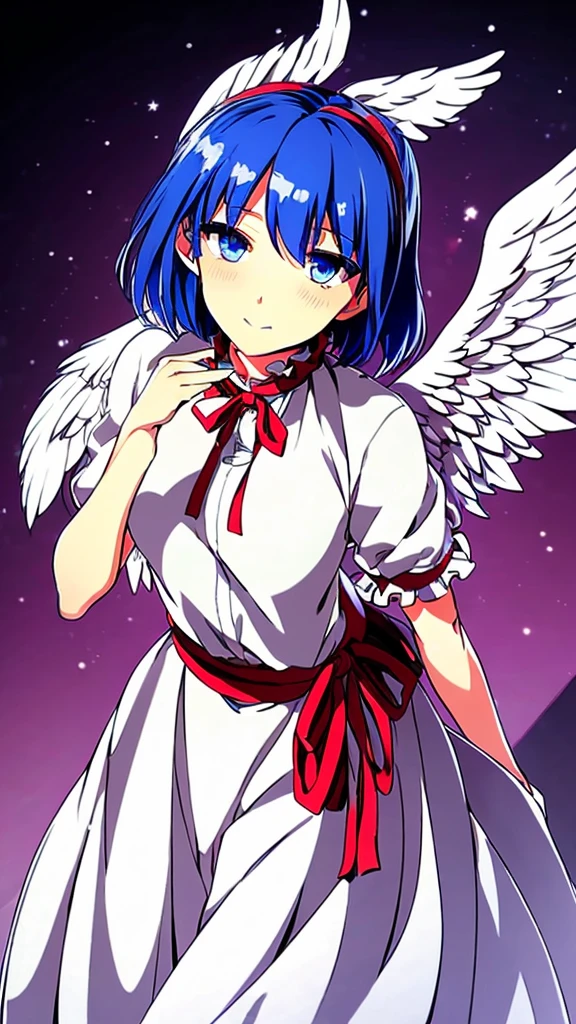 (best quality,4k,8k,highres,masterpiece:1.2), ultra-detailed, highly detailed texture, intricate details, A cute age angel with blue eyes, drawn in anime style, 1girl, , , 10 ydium blue hair, hair flaps, pink ribbon on head, well-formed face, blue eyes, angel girl, white blouse, puffy short sleeves, red ribbon, angel wings, long white skirt, red shoes, frills, ribbon head, A pair of angel wings on the back