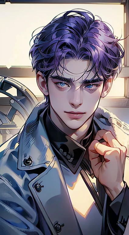 (best quality, masterpiece, 8K, photorealistic, cinematic lighting, 1:4 hdr image, ultra detailed, beautiful image), a mature man, 35 years very handsome, ((cold expression smile in love)), short purple hair, blue eyes, face perfect without mistakes, ((buttoning his jacket, CEO)), smile.