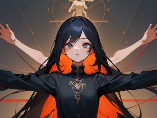 ((Highest quality)), ((masterpiece)), (detailed), One girl, sexy, 黒hair, Small eyes,Black clothes, look up, Upper Body,hair,Fair skin,長いhair,Four arms, Open your arms, Vitruvian Man, Vitruvian human body diagram