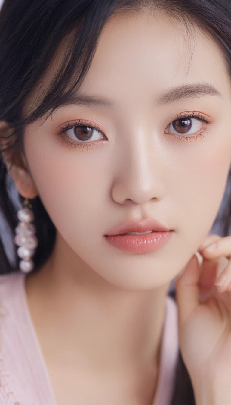 ultra wide shoot, front photo, elegant woman, (Photorealsitic)、(intricate detailes:1.2)、(masterpiece、:1.3)、beauty face, (top-quality:1.4)、(超A high resolution:1.2)、超A high resolution、(A detailed eye)、(detailed facial features), ((Realistic lighting、top-quality、8K、natural light, masterpiece:1.3))、bright photo, Clear focus:1.2、1girl in、flawless beauty:1.4、Superfine Face、big Narrow-eyed、double eyelid、photos realistic, perfect eyes, perfect skin, detailed skin, detailed face, looking viewer, front view, potrait, raw photo, simple soft pink background, (intricate detailed skin textured:1.4) front view, looking viewer, clear face, 1 girl、porate、Bright and very beautiful face、beautiful girl, A stunning close-up portrait showcasing the beauty of a Korean model. The composition features soft, natural lighting , bright eyes, and striking cheekbones. Her glossy, The background is simply black background, smile, wear sweetshirt, neat hair, long hair, instagram model, profil picture, bright and natural
