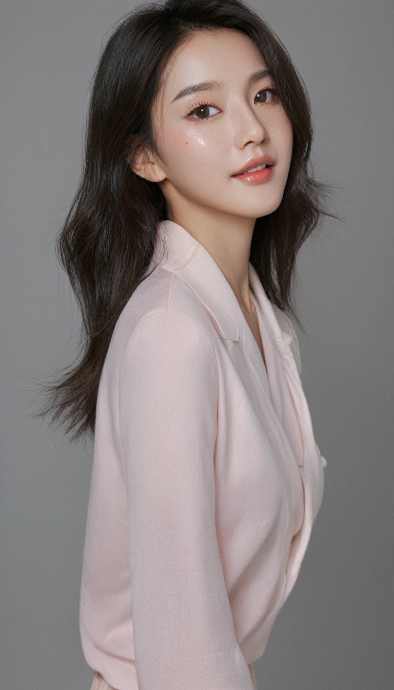 ultra wide shoot, front photo, elegant woman, (Photorealsitic)、(intricate detailes:1.2)、(​masterpiece、:1.3)、beauty face, (top-quality:1.4)、(超A high resolution:1.2)、超A high resolution、(A detailed eye)、(detailed facial features), ((Realistic lighting、top-quality、8K、natural light, ​masterpiece:1.3))、bright photo, Clear focus:1.2、1girl in、flawless beauty:1.4、Superfine Face、big Narrow-eyed、double eyelid、photos realistic, perfect eyes, perfect skin, detailed skin, detailed face, looking viewer, front view, potrait, raw photo, simple soft pink background, (intricate detailed skin textured:1.4) front view, looking viewer, clear face,  1 girl、porate、Bright and very beautiful face、beautiful girl, A stunning close-up portrait showcasing the beauty of a Korean model. The composition features soft, natural lighting , bright eyes, and striking cheekbones. Her glossy,  The background is simply black background, smile,  wear sweetshirt, neat hair, long hair, instagram model, profil picture, bright and natural