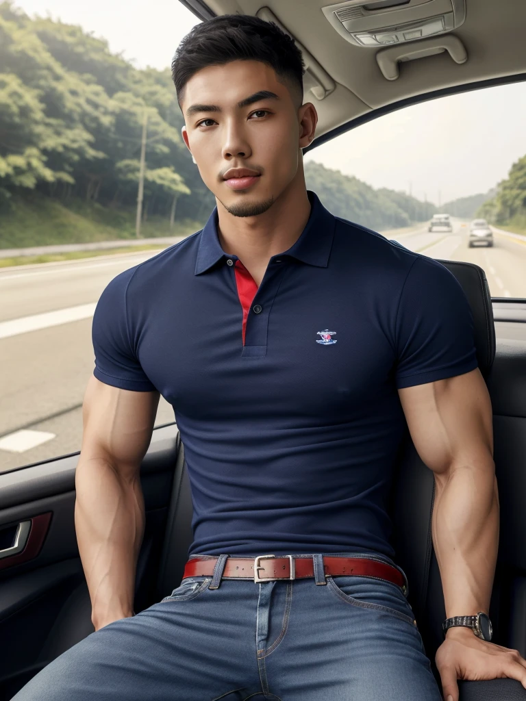 Tony Labrusca, ((realistic daylight)) , Young Korean man in a navy blue polo shirt and jeans, A handsome, muscular young Asian man looks at the camera. In a simple t-shirt blue and red , roadside traffic ,((look sideways))