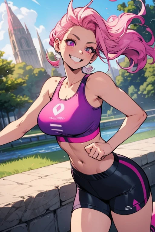 Perfect face. Perfect hands. A pink haired woman with violet eyes with an hourglass figure in tight tank top and tight running shorts is running in the park with a big smile