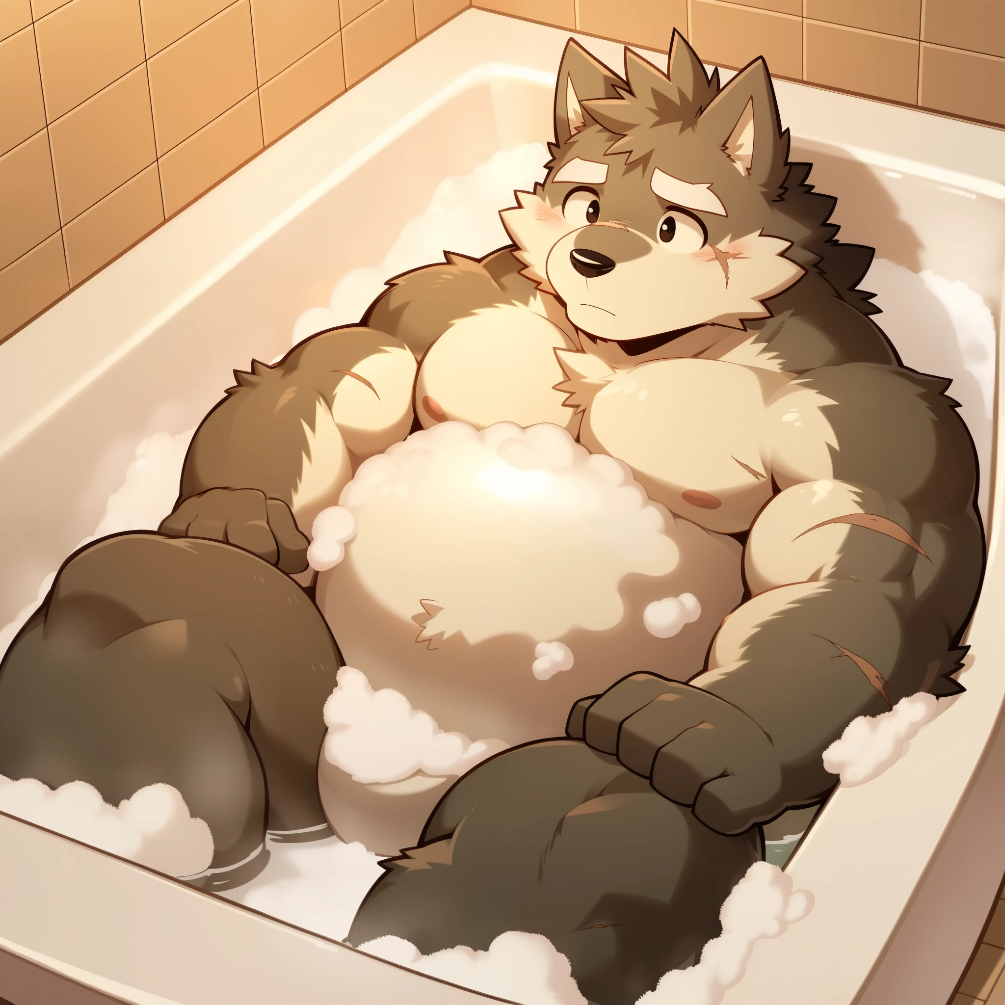 Scribble 黑色柴dog face,Cute face,Humanity(dog),(Naked:1.3),Chubby,(White eyebrows:1.1),(Perfect black eyes),（artist:Takemoto Arashi）,(Bulging buttocks),(Foam)，Bath center scene，Scars on the stomach，light pink nipples，Sad expression，Wolf Tail，bath。