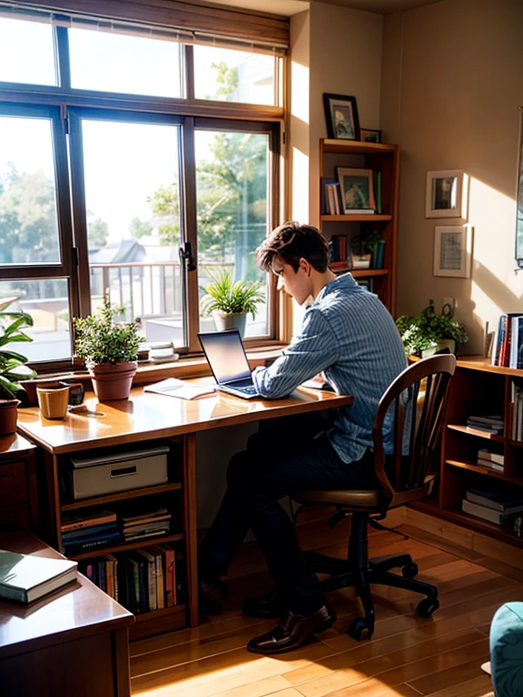 A person sitting at a desk, working on a laptop. The desk has a cup of coffee, some books, and a potted plant. The background is a cozy home office with warm lighting.
