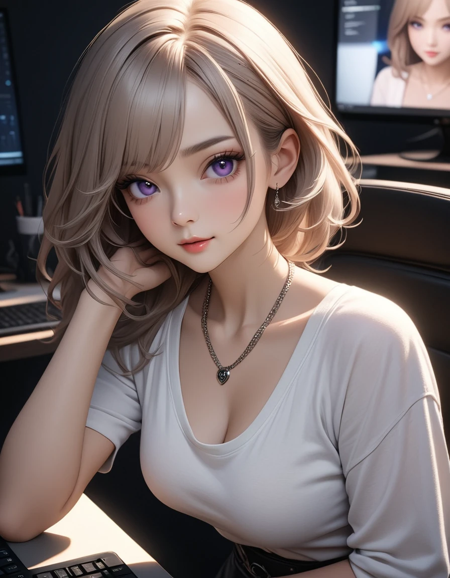 best quality, masterpiece, high resolution, A girl, platinum hair, purple eyes, fashion clothing, necklace, jewelry, Pretty Face, Perfect breasts, more than_Body, Tyndall effect, lifelike, Dark Studio, Side lighting, Two-color lighting, (HD Skin:1.2), 8k , Soft Light, high quality, Volumetric Lighting, frank, high resolution, 8k, Bokeh,hort depth of field, hacker female, computer