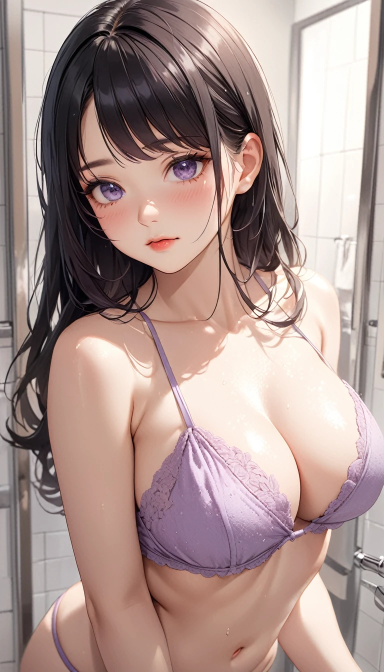 masterpiece, High resolution, perfect face, Korean beauty, 30 years old, beautiful face, bathroom, light purple bikini, embarrassed look, look at the camera, (top quality eyes), (detailed texture), look at me, Married woman, cool women, (high resolution eyes), black hair, little curvy, take a shower
