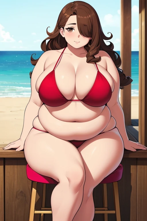 masterpiece, best quality, 1 girl, noble lady, (red bikini), (brown hair),(long curly hair), (brown eyes),(hair covering one eye), (makeup), (beach) (sexy pose), (heart eyes), (obese), (rotund), (massively fat), (sitting on a barstool), (back to camera)