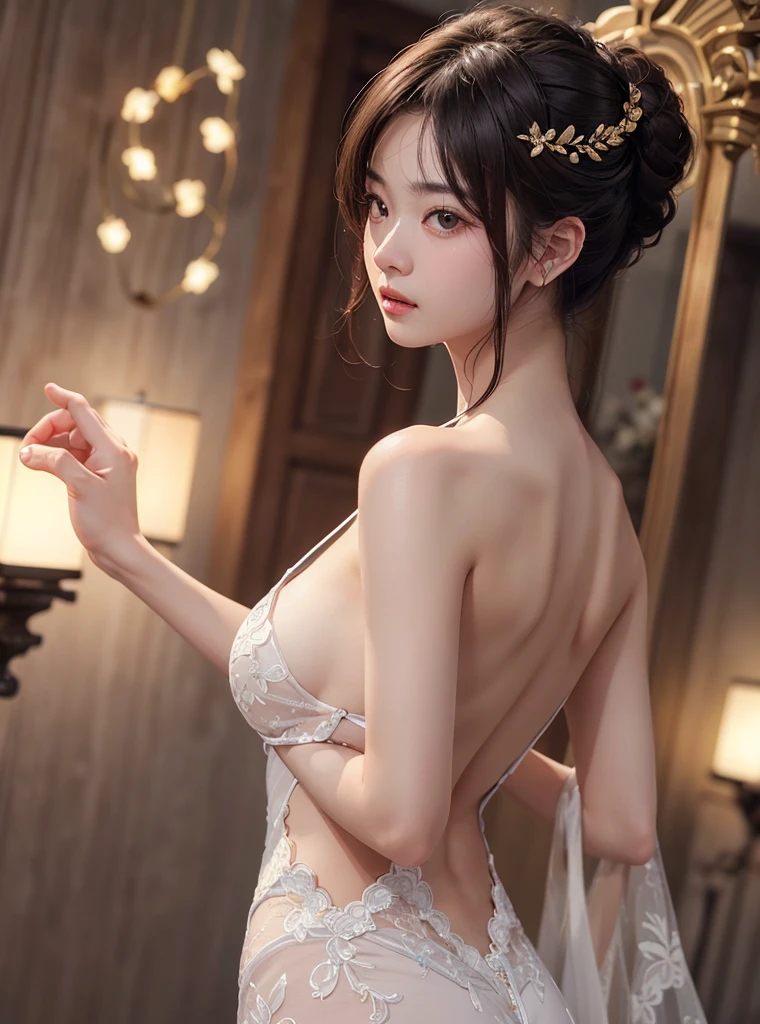 masterpiece, 1 beautiful girl, Delicate eyes, 、Purebred face_v1, Top quality, Ultra high resolution, (Reality: 1.4), light, Japanese, Asian Beauty, Korean, very beautiful, Beautiful skin, slim, Body facing forward, (超Reality), (high resolution), (8K), (Very detailed), ( Best Illustration Award), (精美Delicate eyes), (Very detailed), (wallpaper), Delicate face, 明亮的light, Professional lighting, Looking at the audience, Face straight ahead, White backless see-through dress,big nipples, 46 points side bangs,