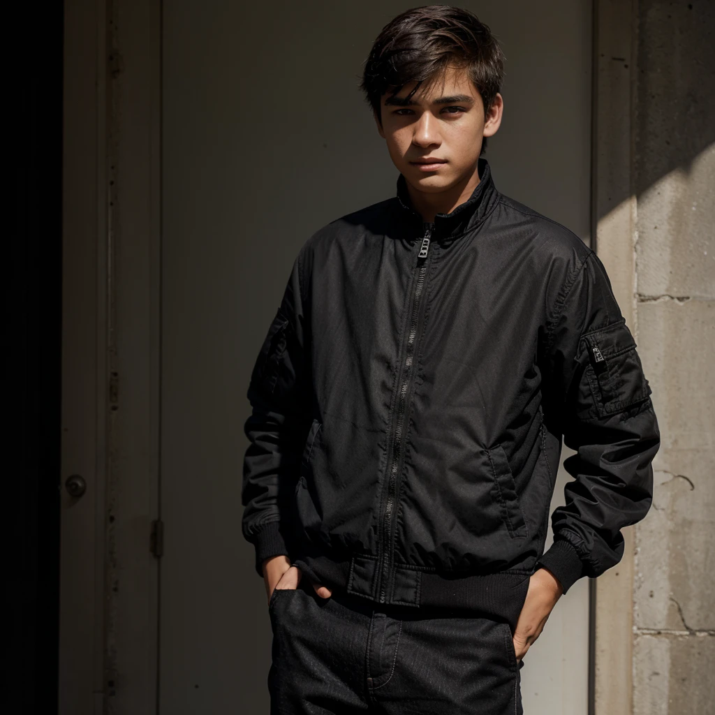 A 16 years old boy in black jacket standing