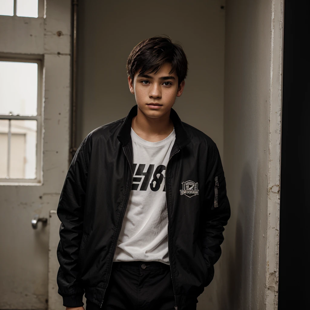 A 16 years old boy in black jacket standing