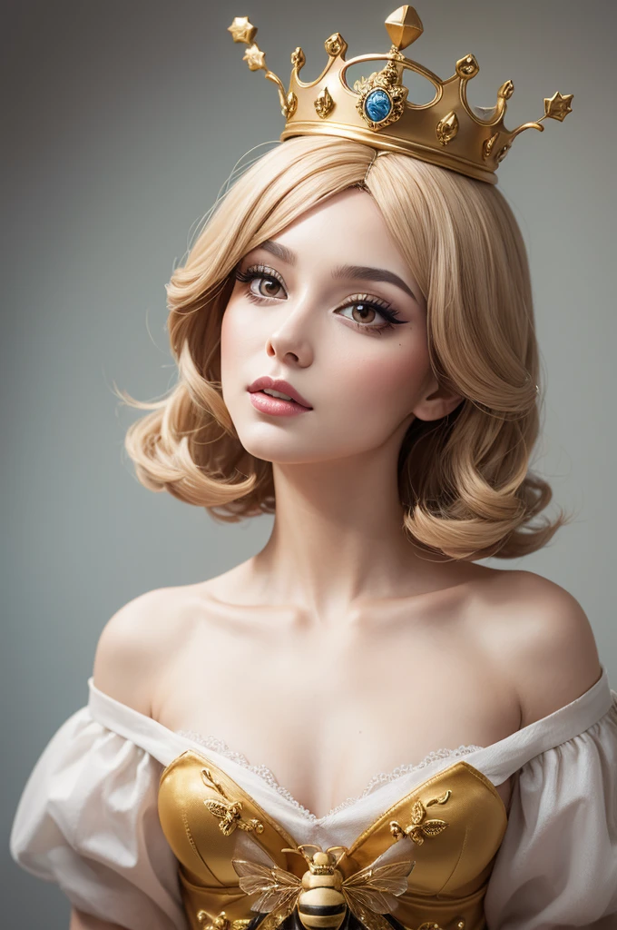A bee with a crown, wig and makeup