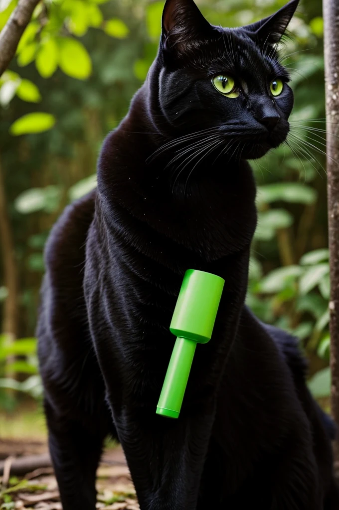 black cat with green eyes, that he has a ciper in his mouth so as not to speak and contemplating nature