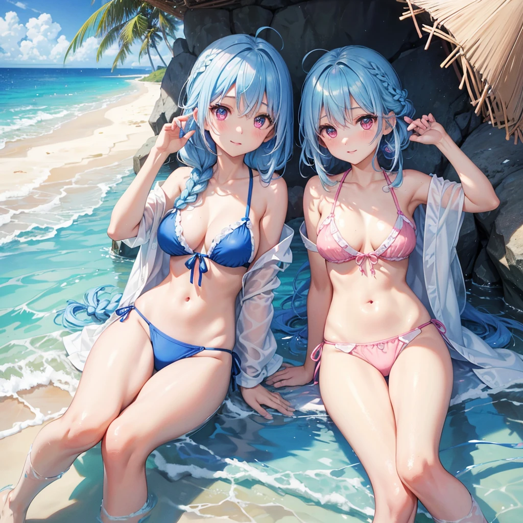 (Sky blue medium hair),(Braided hair tied together)、Pink eyes、Fair skin、(whole body)、(One Girl)、bikini、Shining white sand beach in midsummer、Okinawa&#39;s ocean、A happy smile、、(masterpiece、Highest quality、Very detailed、Best Shadow)、(Detailed Background)、(Beautifully detailed face)、High contrast、(Best lighting、Very delicate and beautiful)、((Cinematic Light))、colorful、Hyper Detail、Dramatic Light、Exquisite detail、Standing with your legs apart