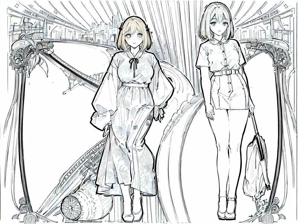 (masterpiece, Highest quality, Highest quality, beautifully、aesthetic: 1.2), (1人のgirl: 1.3), Very detailed, (Line art),Rough pen,((Full Color)), (masterpiece),(Highest quality:1.1), (Super detailed),Best illustrations, Magnificent sky, City in the air, Hand-painted high quality, (pale colour), (Desaturate), High Contrast,80s anime, (80s Vinyl Anime), (The outline is roughly drawn in pencil.:1.3),Set the lines a little thicker, girl,alone, (色ed background:1.1), High resolution, 画面の前面にgirl, (Light flies), Slanted Eyes, Low nose, ((Bob Hair)), Thick-soled shoes, (Blonde), ribbon, ((不思議の国のアリスをイメージしたgirl)), Short sleeve, Thick-soled shoes, pale colour,