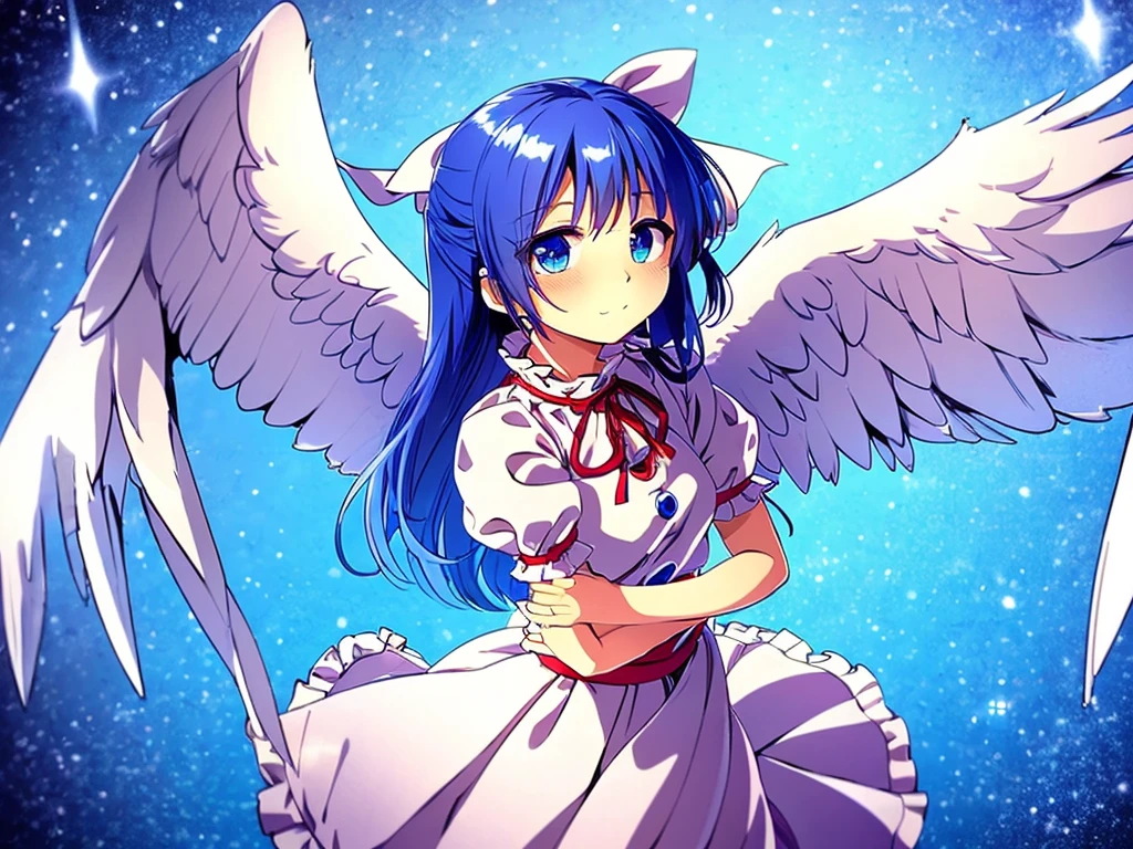 (best quality,4k,8k,highres,masterpiece:1.2), ultra-detailed, highly detailed texture, intricate details, A cute teenage angel with blue eyes, drawn in anime style, 1girl, , , 10 years old, medium blue hair, hair flaps, pink ribbon on head, well-formed face, blue eyes, angel girl, white blouse, puffy short sleeves, red ribbon, angel wings, long white skirt, red shoes, frills, ribbon head, A pair of angel wings on the back
