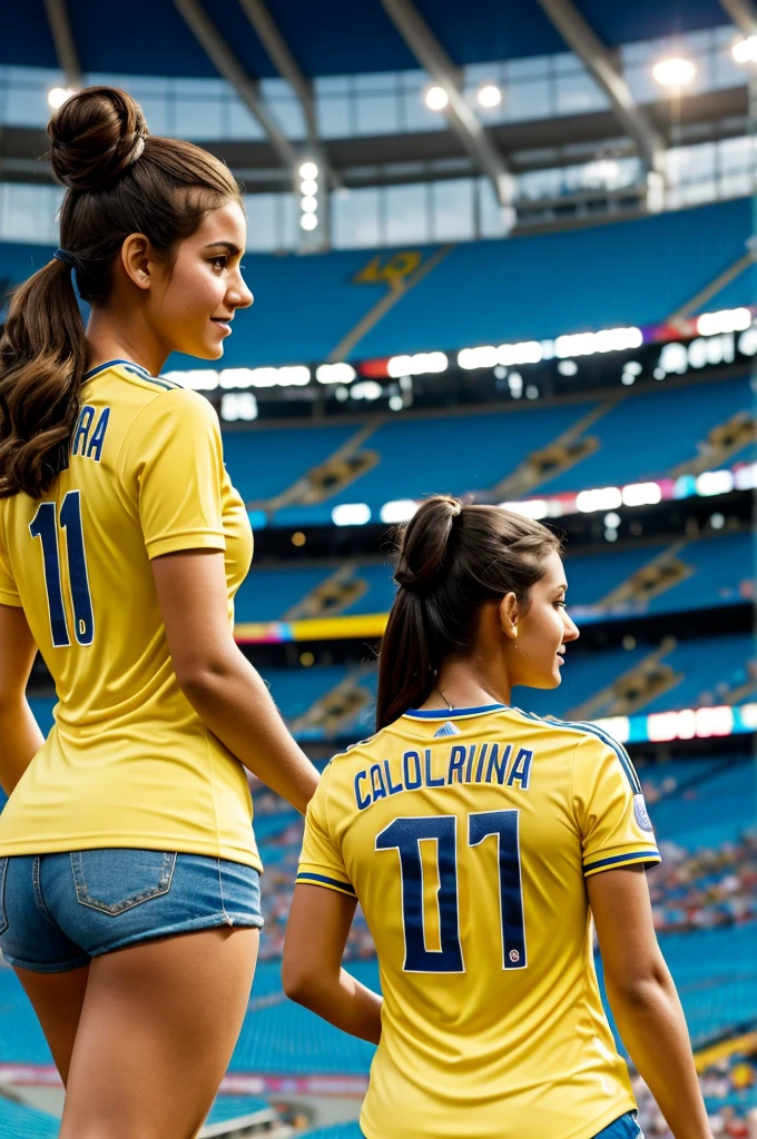 Disney Pixar character, pretty young woman in the stadium turning her back, a fan of Colombia with the yellow shirt that has the name Carolina and the number 10 on the back