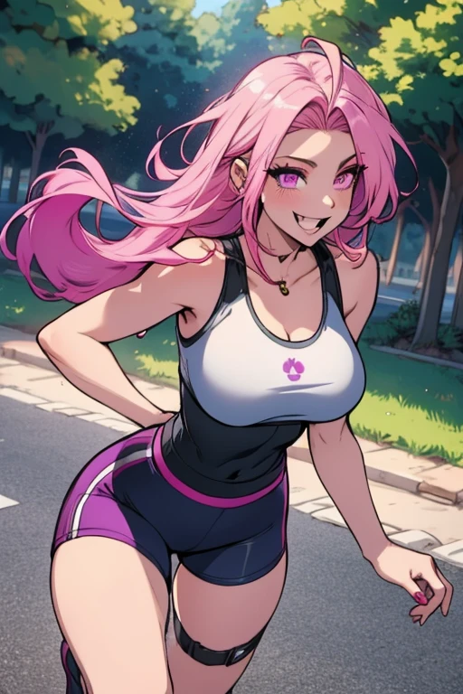 Perfect face. Perfect hands. A pink haired woman with violet eyes with an hourglass figure in tight tank top and tight running shorts is stretching in the park with a big smile