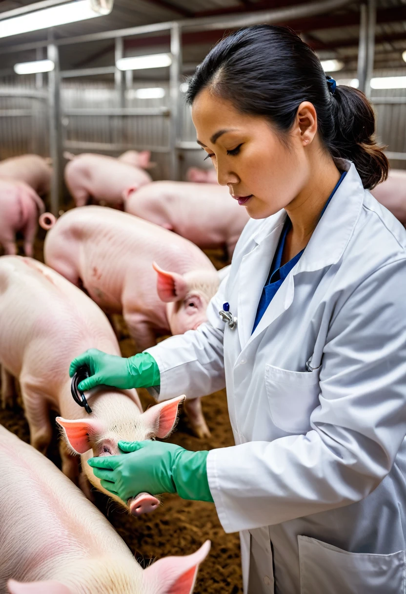 An Asian veterinarian, wearing a clean white lab coat and protective gloves, is working diligently in a hog farm. The image captures the veterinarian checking on a healthy pig, ensuring its well-being. The veterinarian uses a stethoscope to listen to the pig's heartbeat, displaying a look of concentration and care. The background showcases the hog farm's clean and organized environment, with other pigs visible in their pens, but artistically blurred to keep the focus on the veterinarian and the pig. The scene highlights the importance of animal care and the pig farming industry, emphasizing professionalism and dedication. Ensure the image is rendered in high resolution with dimensions of 6465 x 4301 pixels.