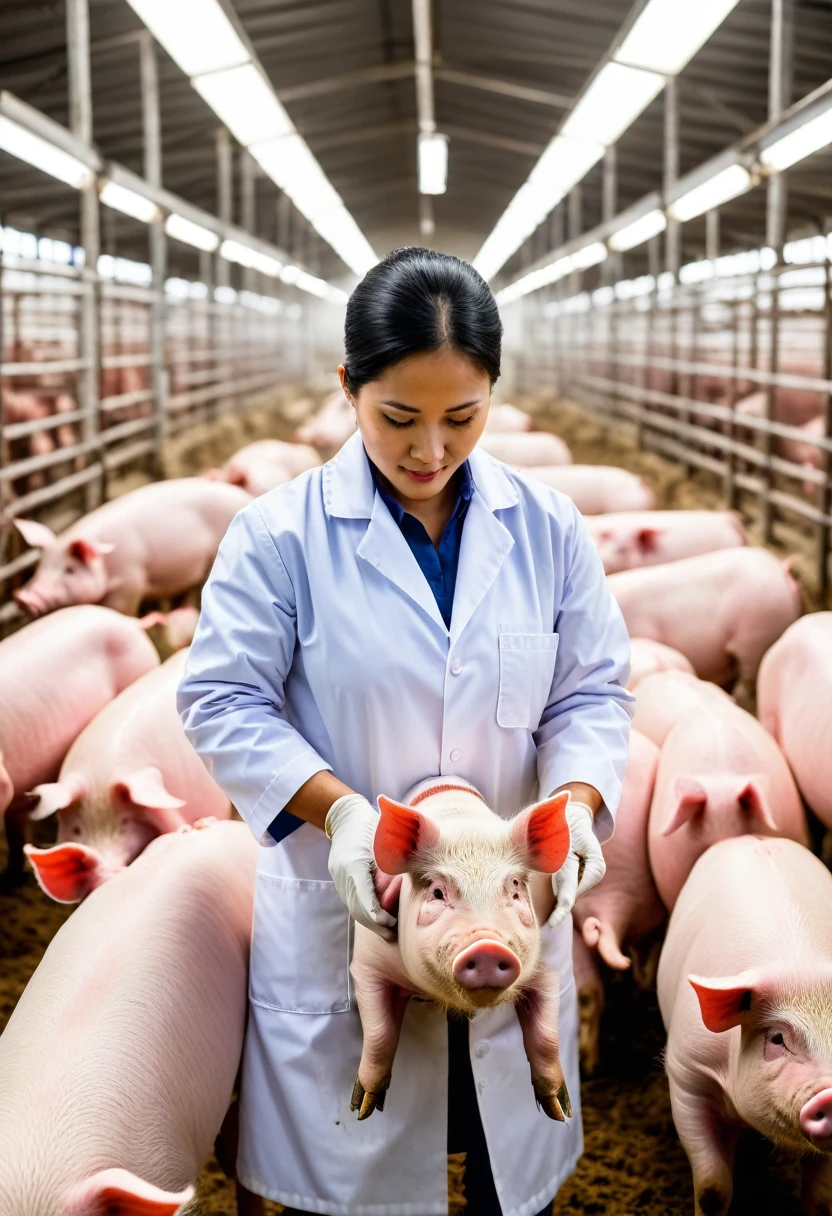 An Asian veterinarian, wearing a clean white lab coat and protective gloves, is working diligently in a hog farm. The image captures the veterinarian checking on a healthy pig, ensuring its well-being. The veterinarian uses a stethoscope to listen to the pig's heartbeat, displaying a look of concentration and care. The background showcases the hog farm's clean and organized environment, with other pigs visible in their pens, but artistically blurred to keep the focus on the veterinarian and the pig. The scene highlights the importance of animal care and the pig farming industry, emphasizing professionalism and dedication. Ensure the image is rendered in high resolution with dimensions of 6465 x 4301 pixels.