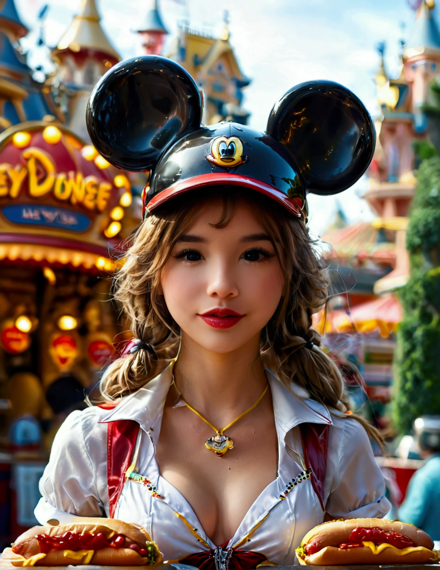 A cute woman, disney land sexy uniform(mickey mouse hat), working at a hot dog stand, near the entry to a Disney land ride