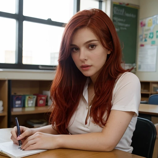 sitting at a table with red hair, Sexy photo of a pretty young sexy woman with bright red tousled hair, a bit like Scarlett Johansson, juicy figure, big breasts, wonderful big eyes and full lips, at school , In the classroom context, Attire, She's happy, smiling, sits at the table