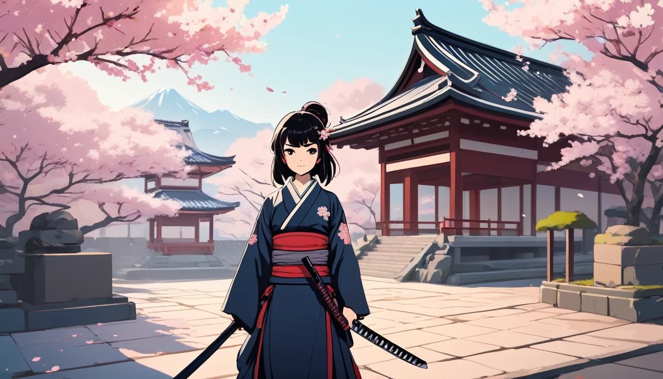 Female samurai,knife,Background is cherry blossoms and a Japanese temple、 Wide-angle lens, Lofi Anime, Lofi illustration, Aesthetic atmosphere, Lo-Fi Style, Vector art, Flat Design, Simple shape, Warm tones, Pleasant atmosphere, Chill, In anime style, Digital drawing, Vector art, Vector logo for t-shirt printing, (Adorable:1.5), (small:1.4), (Playful:1.2), (soft:1.3), (Whimsical:1.1), masterpiece, Highest quality, 8K, Intricate details, grow, Celestial, Mysterious, Picturesque, amazing, Majestic, Magic, Fantasy art, Cover art, dream-like