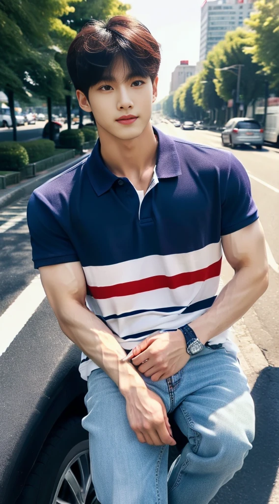((realistic daylight)) , Young Korean man in a navy blue polo shirt and jeans, A handsome, muscular young Asian man looks at the camera. In a simple t-shirt blue and red , roadside traffic ,((look sideways))