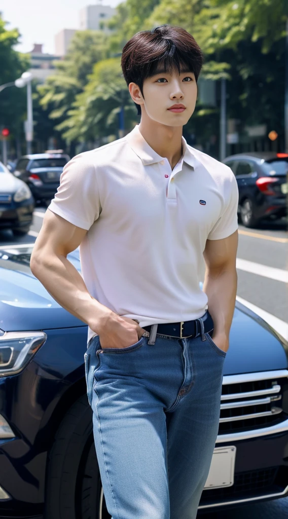 ((realistic daylight)) , Young Korean man in a navy blue polo shirt and jeans, A handsome, muscular young Asian man looks at the camera. In a simple t-shirt blue and red , roadside traffic ,((look sideways))