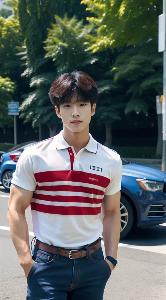 ((realistic daylight)) , Young Korean man in a navy blue polo shirt and jeans, A handsome, muscular young Asian man looks at the camera. In a simple t-shirt blue and red , roadside traffic ,((look sideways))