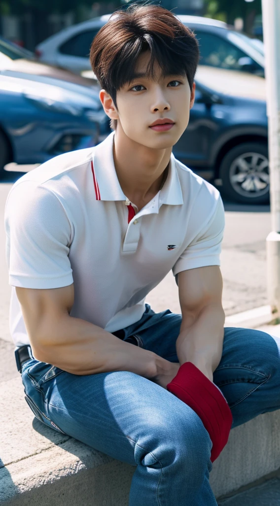 ((realistic daylight)) , Young Korean man in a navy blue polo shirt and jeans, A handsome, muscular young Asian man looks at the camera. In a simple t-shirt blue and red , roadside traffic ,((look sideways))