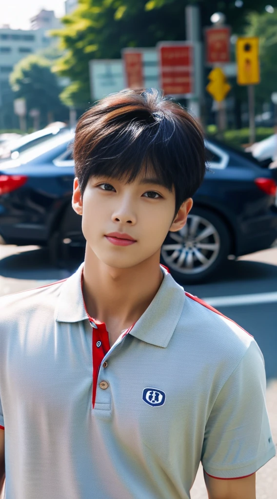((realistic daylight)) , Young Korean man in a navy blue polo shirt and jeans, A handsome, muscular young Asian man looks at the camera. In a simple t-shirt blue and red , roadside traffic ,((look sideways))