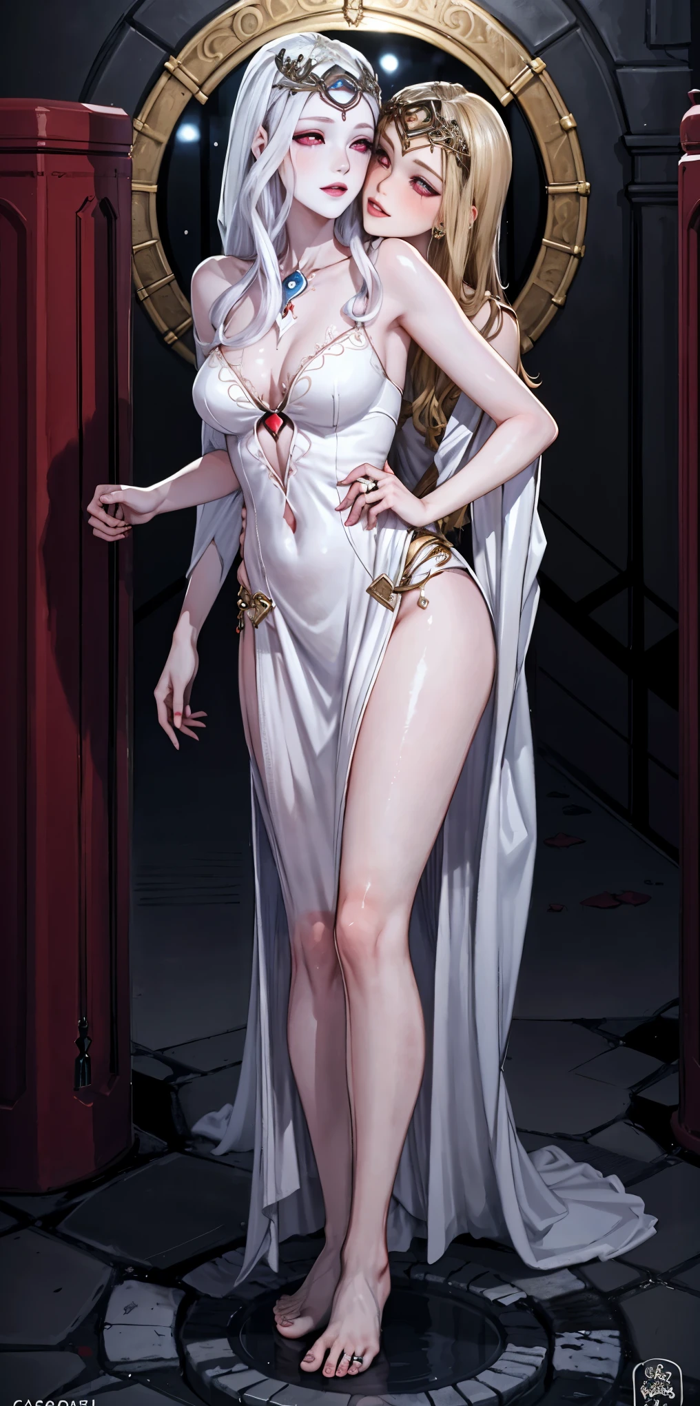 Body position: Standing, straight, symmetrical, barefoot, Lustful smile on face with red blush, 2 girls like Cassia Orsellio white pale skin with red eyes who gets married and stands in front of many people, nsfw, kissing