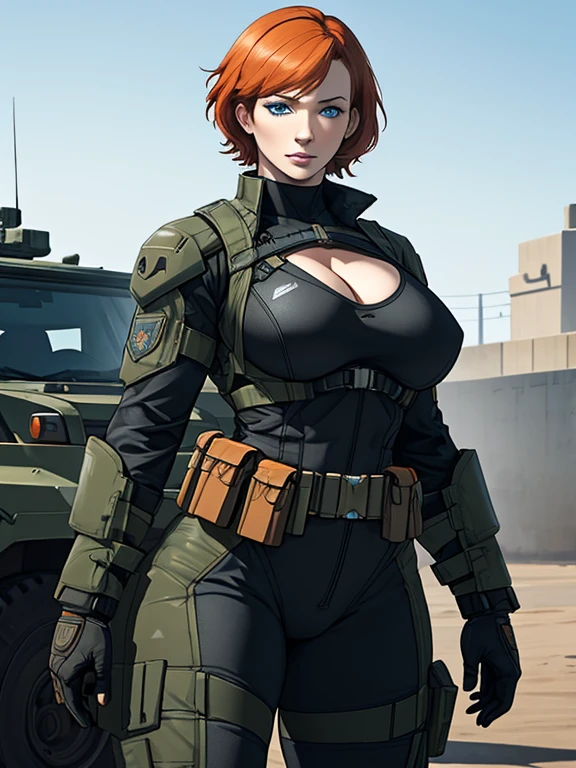 Imagine Christina Hendricks as an Metal Gear Solid character, Christina Hendricks in a stealth video game, Metal Gear Solid, Metal Gear Solid universe, designed by Yoji Shinkawa. ((Masterpiece)); ((High-quality facial research of Christina Hendricks)); ((48 year old woman)); ((Ultrarealistic blue eyes)); ((Ultrarealistic fair white skin)); ((High-quality detailed research of Christina Hendricks voluptuous figure)); ((Ultrarealistic orange short hair)); ((Ultrarealistic military utility belt)); black and green stealth suit; Armored pieces on the side of the suit; cleavage_cutout; looking at the viewer; Engaged in strategic planning, she stands with poise and focus, her tight suit showcasing her voluptuous physique. With a sharp mind and keen intuition, she formulates plans with precision and efficiency.
