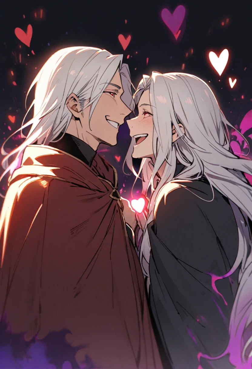 male, long hair, white hair, red eyes, cloak, dark aura, side view, experienced, face close, mature, happy, smiling, laughing, holding light stick, heart