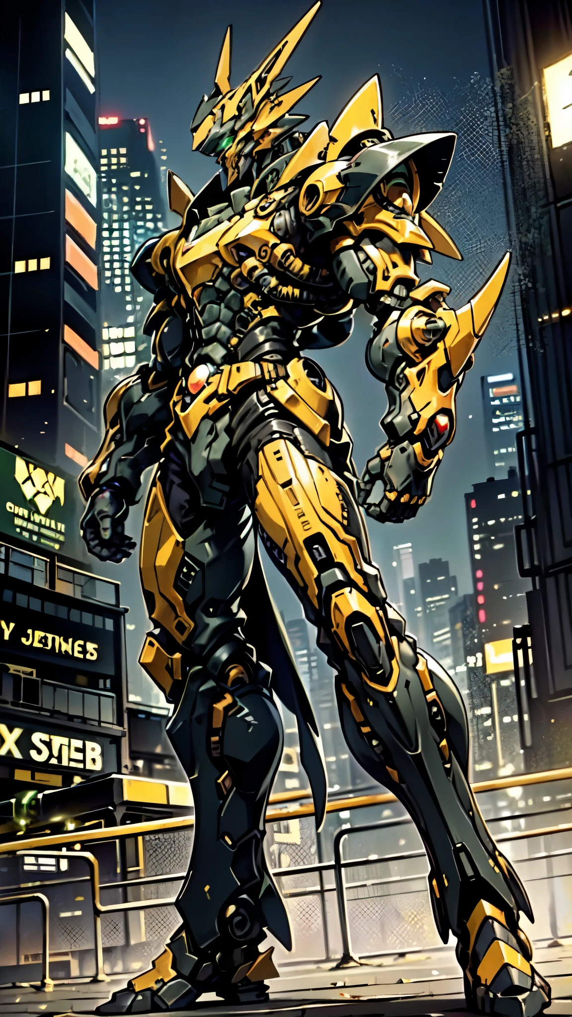 (masterpiece:1.5, best quality:1.5, extremely delicate:1.5, foreshortening:1.5, dynamic angle:1.5), a man wearing a full-face helmet, a fantasy-style biotech armored combat suit, green eyes, (a composite layered chest armor), fully enclosed shoulder guards, matching arm and leg guards, the belt is adorned with neon circuitry, (the color scheme is primarily black glow with green and red accents), the design balances heavy with agility, a high-tech bio-mecha armor, (Armor Concept Inspired by neon Cyberpunk, stand on the top of a skyscraper in a futuristic sci-fi city), this character embodies a finely crafted fantasy-surreal style armored hero in anime style, exquisite and mature manga art style, (element, plasma, energy, the armor glows), ((male:1.5)), metallic, high definition, highres, ultra-detailed, ultra-fine painting, professional, perfect body proportions, golden ratio, anatomically correct, symmetrical face, extremely detailed eyes and face, high quality eyes, creativity, RAW photo, UHD, 32k, Natural light, cinematic lighting, masterpiece-anatomy-perfect