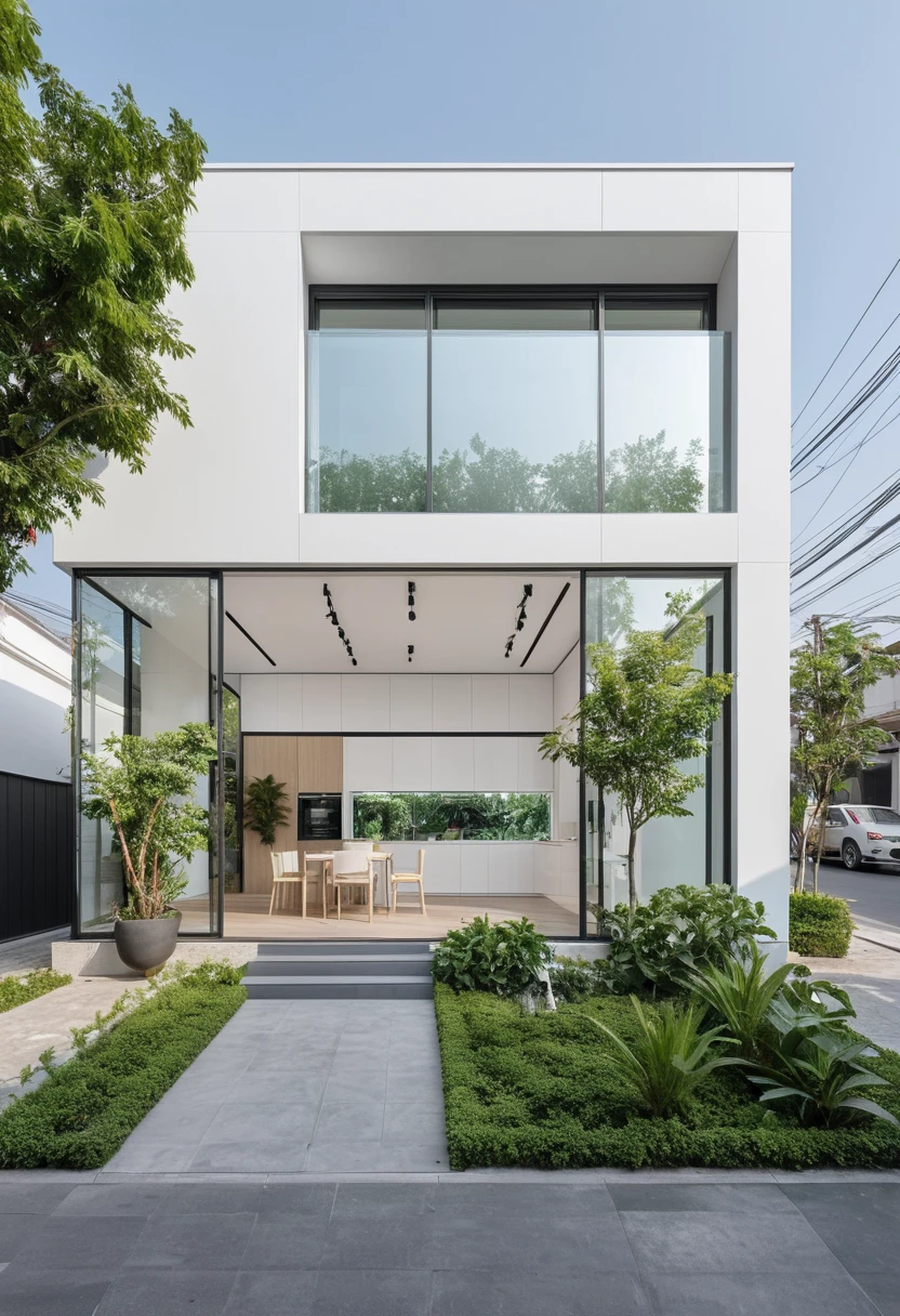 A modern one-story house with a (small furniture showroom:1.2), with a facade less than 5 meters wide. The design includes large glass windows and doors, vertical display shelves, large mirrors, and well-placed lighting inside the showroom. The exterior features white and pastel tones with integrated green plants. The house is located on a street corner with a sidewalk and trees, providing a welcoming atmosphere. The showroom layout is organized for easy movement and optimal product visibility
