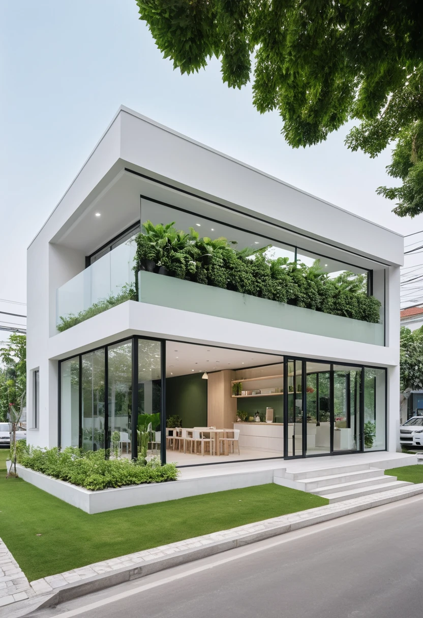 A modern one-story house with a (small furniture showroom:1.2), with a facade less than 5 meters wide. The design includes large glass windows and doors, vertical display shelves, large mirrors, and well-placed lighting inside the showroom. The exterior features white and pastel tones with integrated green plants. The house is located on a street corner with a sidewalk and trees, providing a welcoming atmosphere. The showroom layout is organized for easy movement and optimal product visibility